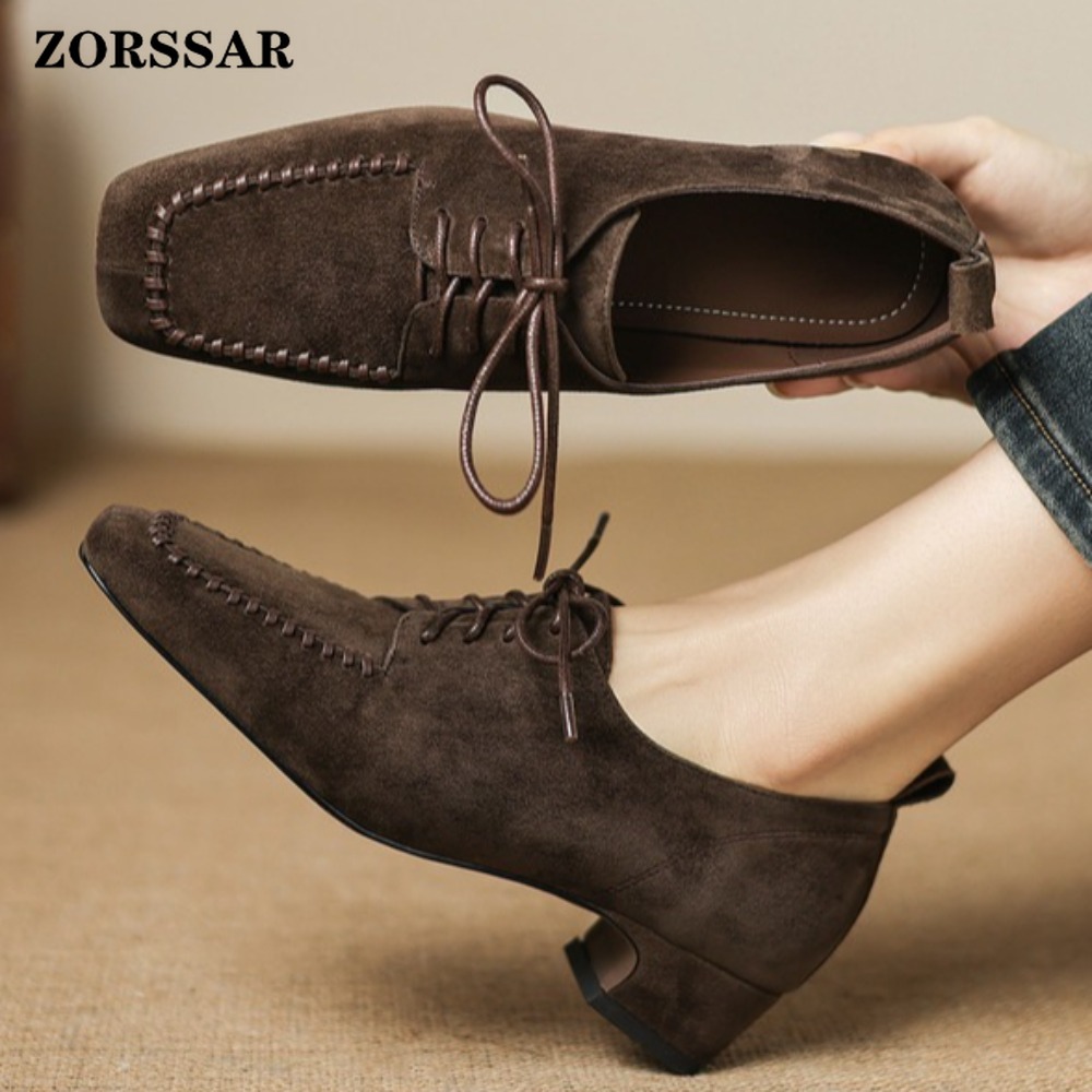Leather Work For Kids - Women's Brown Suede Square Toe Lace-up